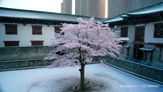 [镜头1：全景]
画面：俯拍庭院全景，高楼与矮墙错落有致，梅花树在庭院中央。
特效：动态雪花飘落。
音乐：轻柔的古风音乐，风声和雪落声。

[镜头2：中景]
画面：镜头缓慢推进，聚焦在梅花树上。
特效：动态雪花飘落。
音乐：继续轻柔的古风音乐，加入梅花枝条摇曳的声音。

[镜头3：特写]
画面：特写梅花花瓣和枝条上的积雪。
特效：动态雪花飘落。
音乐：音乐稍微减弱，突出积雪掉落的声音。

[镜头4：动态镜头]
画面：镜头缓慢移动，从底部向上移动，展示梅花的动态美。
特效：动态雪花飘落。
音乐：音乐逐渐增强，加入风声和雪落声。

[镜头5：全景结束]
画面：镜头拉远，展示庭院全貌，梅花傲然挺立。
特效：动态雪花飘落。
音乐：音乐逐渐减弱，最后只剩下风声和雪落声。 by Hailuo AI Video Generator