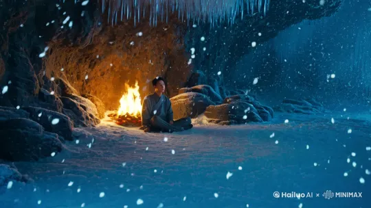 大雪纷飞在山洞里烤火一个中国男人年轻人现代人 by Hailuo AI Video Generator