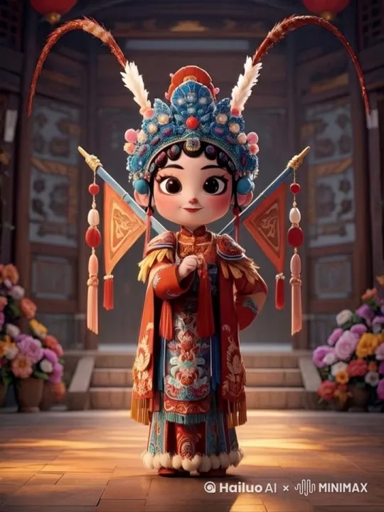 中国风传统戏曲表演视频片段，一位身着红蓝交织戏服的演员，头饰繁复华丽，镶嵌珠翠宝石，在古色古香的亭台楼阁背景下翩然登场。演员双手优雅地交叉于胸前，面带含蓄微笑，眼波流转，尽显东方神韵。戏服上的刺绣图案精致细腻，龙凤呈祥，栩栩如生。温暖的阳光斜洒，从画面左方穿透，勾勒出斑驳陆离的光影效果。随着镜头缓缓推进，演员启唇轻唱，嗓音圆润悠扬，同时迈开京剧特有的步伐，一招一式皆是功夫。近景特写，捕捉每一个动人瞬间，展现中国传统艺术的独特魅力。 by Hailuo AI Video Generator