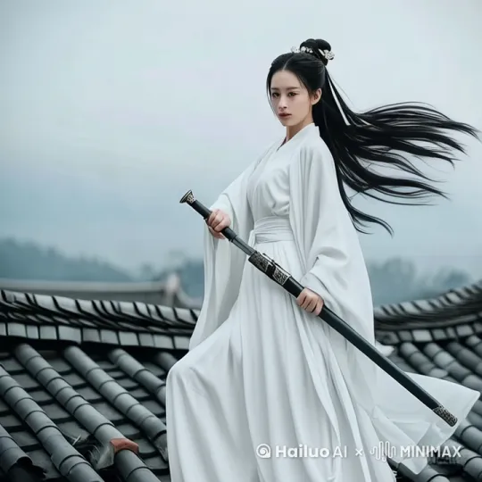 美女剑侠冲天跃起，从剑鞘内拔出剑来，挥剑指向左前方。 by Hailuo AI Video Generator