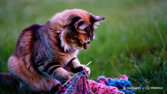 一个可爱的猫在草地里织毛衣 by Hailuo AI Video Generator