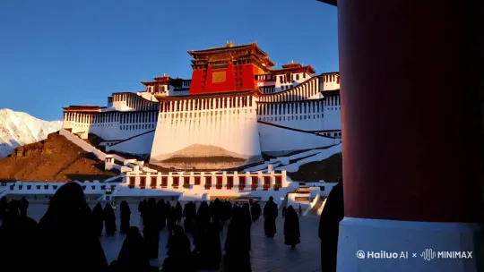 青藏高原圣地，拉萨布达拉宫太阳围绕着布达拉宫转虔诚的信徒在布达拉宫前面朝拜 by Hailuo AI Video Generator