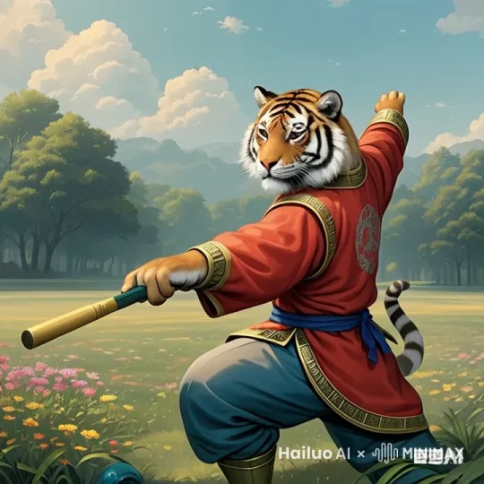 画面主体动态呈现，自然，老虎拿着的棍棒。扎稳马步，气沉丹田，手中棍棒快速舞动。先是一招 “举火烧天”，将棍棒高高举起，蓄势待发；紧接着，他猛地向前踏出一步，以 “毒蛇吐信” 之姿，将棍棒迅猛刺出，速度之快，让人目不暇接；随后，他一个旋身，施展出 “旋风扫叶”，棍棒如同一道黑色的闪电，在四周飞速旋转，气势逼人，动态捕捉，电影灯光，高清！ by Hailuo AI Video Generator