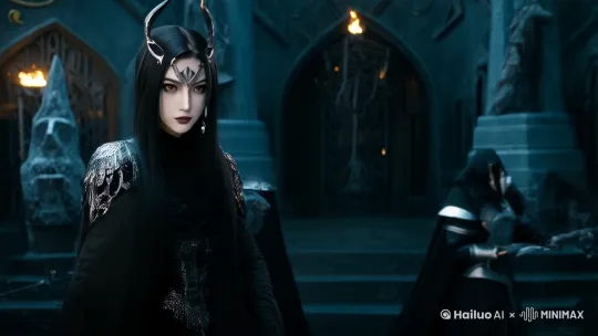在魔幻风格下，这位女性可能是黑暗魔女。她身处一个神魔共存、纷争不断的异次元大陆。自幼在神秘的黑暗城堡中长大，血脉中流淌着远古恶魔的力量。
 
她的武器是一把被诅咒的魔剑，剑身能释放出毁灭一切的暗炎。此次战斗，是因光明教会觊觎她所守护的黑暗秘宝——拥有重塑世界之力的“混沌之石”，派出圣骑士与黑袍牧师前来抢夺。她以一敌众，眼神凌厉，周身环绕着邪恶又强大的魔力，准备为守护秘宝而战，这场战斗将决定大陆未来的命运走向 by Hailuo AI Video Generator