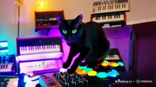 一直猫咪是dj正在打鼓 by Hailuo AI Video Generator