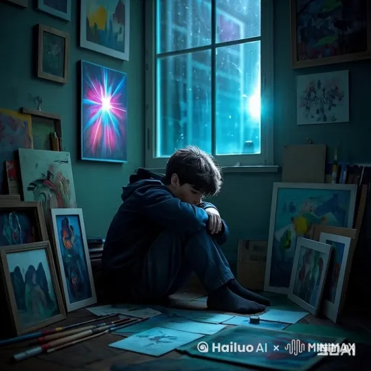 黑暗房间，男孩蜷缩在角落，周围堆满画具。墙上有他画的梦想场景，光影闪烁。 by Hailuo AI Video Generator