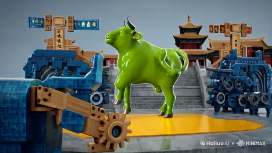 1. 整体风格与主题
主题: 赛博朋克风格的鞭春牛仪式，结合传统与现代元素，展现出一种未来感与传统文化碰撞的视觉效果。
风格: 3D流体材质与像素化边缘的结合，体现出现代科技与传统工艺的融合。
2. 色彩方案
主色: 青圭色（故宫春幡色谱复原）
青圭色是一种源自故宫春幡色谱的复古青色，象征着春天的生机与希望。在设计中，青圭色将作为主要色调，贯穿整个图腾，传达出传统文化的厚重感。
辅色: 量子蓝 × 芽黄渐变
量子蓝是一种充满未来感的蓝色，代表着科技与创新。芽黄则象征着春天的萌芽与新生。两者通过渐变效果结合，形成一种从科技到自然的过渡，象征着传统与现代的融合。
点睛色: 非遗靛蓝扎染纹理
靛蓝扎染纹理是一种传统手工艺技法，具有独特的质感和层次感。在设计中，靛蓝扎染纹理将作为点睛之笔，增添图腾的艺术感和文化深度。
3. 材质与边缘处理
3D流体材质:
采用3D流体材质来构建春牛图腾的主要结构，使其具有流动感和动态感。流体材质的运用可以增强图腾的立体感和视觉冲击力。
像素化边缘:
在图腾的边缘部分，采用像素化处理，模拟出早期计算机图形的风格。这种处理方式可以与赛博朋克主题相呼应，同时增加图腾的现代感和科技感。
4. 动态元素
赛博朋克风格的鞭春牛仪式:
动态图片将展示一个融合了机械结构与榫卯技艺的鞭春牛仪式。机械结构部分采用赛博朋克风格的设计，体现出未来科技的复杂与精密。榫卯技艺则是中国传统木工技艺的精髓，象征着传统工艺的智慧与美感。
动态效果可以包括机械臂的移动、榫卯结构的拼接与分离、以及春牛的动态动作等。通过这些动态元素，展现出一种传统与现代交织的视觉盛宴。
5. 具体设计细节
春牛形象:
春牛的形象将采用青圭色作为主色调，身体部分使用3D流体材质，使其具有流动感和动态感。牛角和四肢等细节部分则采用像素化边缘处理，增加科技感。
机械结构:
在春牛周围，设计一些机械结构，如机械臂、机械齿轮等。这些机械结构将采用量子蓝和芽黄渐变色，体现出未来科技的冷峻与活力。
榫卯技艺:
在机械结构中，融入一些传统的榫卯技艺元素，如榫头、榫眼等。这些元素将使用靛蓝扎染纹理进行处理，体现出传统工艺的精致与细腻。
动态效果:
动态图片中，春牛将进行一些动态动作，如抬头、摆尾、迈步等。机械结构部分也将进行相应的运动，如机械臂的移动、齿轮的转动等。通过这些动态效果，展现出一种生机勃勃的景象。
6. 最终效果
通过以上设计元素的有机结合，最终呈现出一幅充满未来感与传统文化碰撞的解构春牛图腾。3D流体材质与像素化边缘的结合，使得图腾既具有现代科技的冷峻与精密，又不失传统文化的厚重与美感。赛博朋克风格的鞭春牛仪式，则将这种碰撞与融合推向高潮，展现出一种独特的视觉魅力。

希望这个设计概念能够满足你的需求，如果有任何调整或进一步的要求，请随时告诉我！ by Hailuo AI Video Generator