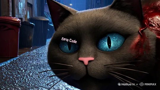 雨夜特写：雨夜特写：脏兮兮的猫眼反射出「错误代码ERR#CAT_01」  身体变异：伤口渗出金属血液→脊椎弹出机械骨→瞳孔切换狙击镜模式  用垃圾桶盖挡子弹→尾巴发射USB导弹瘫痪无人机  记忆闪回：机械心脏显示剩余「猫生记忆存储量87%」   by Hailuo AI Video Generator