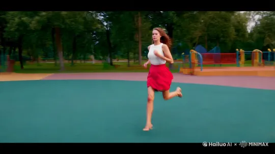 A beautiful woman is running vigorously on the playground with gentle breeze blowing. The camera slowly zooms in from the side, giving a close-up of the woman's light footsteps for about 2 seconds. Then the camera follows the woman's running and pans, showing her skirt fluttering with the wind and the rhythmical posture in the medium shot for about 3 seconds. Then the camera lowers slightly, taking a close-up of the woman's blushing cheeks and concentrated expression for about 1 second. Finally, the camera quickly pulls away, presenting a panoramic view of the woman's charming figure running on the wide playground. The picture tone is soft and warm. Around, green trees are swaying, creating an atmosphere full of vitality and charm. by Hailuo AI Video Generator