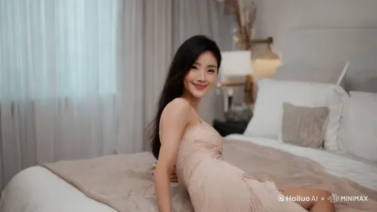 请以我视角呈现，旁边的中国现代美女醒来，穿着紧身的睡衣，身材凹凸有致，探过身体将我抱住，眼前是她甜美的笑 by Hailuo AI Video Generator