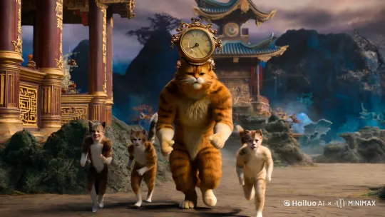 生成钟半猫，头上是个钟，率领他的儿子时半猫，分半猫，秒半猫，每个半猫都有自我介绍，向其他半猫家族发出进攻，得意洋洋 by Hailuo AI Video Generator
