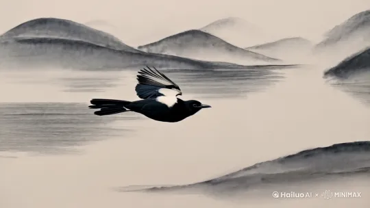 一只喜鹊 从屏幕左侧飞进来，右侧飞向远方，中国水墨山水风格， by Hailuo AI Video Generator