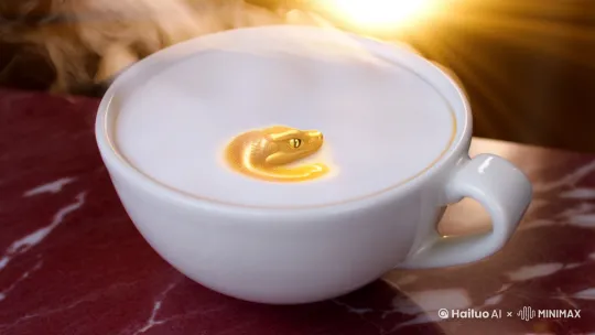 0:00-0:05 片头
画面描述
Ultra close-up, low angle shot of white ceramic coffee cup on dark red marble surface, steam rising in slow motion. Golden semi-transparent fluid snake (metallic liquid texture) spirals up from the bottom of the cup, leaving glowing particle trails. Camera follows snake's movement upward, revealing Chinese zodiac snake pattern formed by coffee beans (hyper-realistic texture). Lighting: warm golden backlight with volumetric rays.
关键元素

咖啡杯材质：白陶瓷+红玛瑙纹底座

蛇形流体：半透明金色金属质感，粒子拖尾

镜头运动：低角度微距→螺旋上升跟踪

AI关键词：metallic fluid simulation, slow motion particles, cinematic lighting

0:05-0:10 产品亮相
画面描述
Extreme close-up of barista's hand (manicured nails with gold snake ring) pouring latte art. Steel milk pitcher with engraved snake scales reflects ambient light. Liquid coffee surface shows glowing golden snake silhouette (subsurface scattering effect). 8K macro shot captures gold leaf flakes (specular highlights) forming snake eyes. Shallow depth of field with bokeh light spots in red/gold.
关键元素

人手特写：美甲+蛇形金戒

拉花缸：蚀刻鳞片纹理反光

咖啡液面：黄金蛇形光影透射

AI关键词：macro liquid refraction, specular gold foil, hand close-up

0:10-0:18 场景体验
镜头1 (0:10-0:13)
Bird's-eye view of serpentine-shaped coffee bar (black lacquered surface with gold inlay). Steaming cups move along winding counter like snake movement. Dynamic camera swoops down along the curve, revealing customers' hands receiving drinks with snake-scale textured sleeves.

镜头2 (0:13-0:15)
Dappled light through traditional lattice window (intricate snake motif shadow). Projection mapping shows holographic snake coiling around floating coffee cup. Caustic light patterns ripple on table surface.

镜头3 (0:15-0:18)
Close-up of female hand holding mug with embossed snake skin texture (4K detail). Interaction with glutinous rice cake shaped like coiled snake (semi-transparent amber glaze). Steam rises forming mini snake silhouette.
AI关键词组
isometric product shot, photorealistic food rendering, projection mapping simulation

0:18-0:25 产品系列
饮 by Hailuo AI Video Generator
