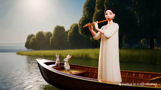 晴空万里，碧波荡漾，一只小船停在湖面上，一个美女站在船上吹着笛孑，岸边绿树成荫，两只小免子在草丛里好奇的探出头张望 by Hailuo AI Video Generator