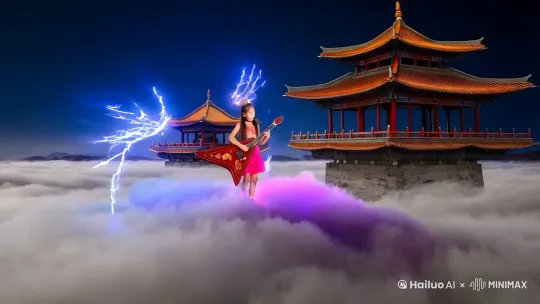 这里是为您设计的30秒奇幻音乐场景，融合东方古典美学与摇滚精神的三幕式视觉呈现：

**0-10秒：云海琴踪**  
【全景】皓月当空的子夜，琉璃飞檐的空中楼阁悬浮在翻涌的云海之上。身着缂丝马面裙的少女赤足踏云，鎏金发簪迸发蓝紫色电弧。她怀中朱漆电吉他刻满《河图洛书》纹样，左手在二十四品琴颈滑出《广陵散》旋律，右手拨弦瞬间激发出水墨状音波脉冲，震碎方圆十丈的云雾。

**11-20秒：雷霆乐舞**  
【环绕跟拍】霓虹缠臂帛随风暴旋转，裙摆猎猎作响间露出机械精密的木牛流马束腰。推弦揉音时，琴头螭龙雕纹睁开电子眼，琴弦震荡出《十面埋伏》的失真音墙。云层中蛰伏的应龙骨架被音波唤醒，鳞片间隙迸发赛博青光，与吉他SOLO形成闪电链共鸣，远处崩塌的凌霄殿残骸随节奏悬浮重组。

**21-30秒：破界涅槃**  
【仰角慢镜】双髻突然崩散成燃烧的数据流，马面裙幻化为全息敦煌飞天飘带。她踩碎琉璃瓦腾空倒转，古琴形制的琴箱喷射出等离子尾焰。最终强力和弦劈落时，千年古筝的钢弦与量子吉他弦交错显形，音爆撕裂空间形成《千里江山图》卷轴裂缝。残影定格在少女半面描金花钿、半面机械义体的瞬间，所有声光电浪收束成坠向人间的流星雨。

**特效亮点**  
- 琴弦振动采用流体动力学模拟，将宫商角徵羽五音转化为不同形态的粒子云  
- 空中建筑群使用破损文物3D扫描+故障艺术(Glitch Art)处理  
- 在能量爆发帧插入0.3秒的元代《搜山图》数字水墨画残影  
- 服装系统实时运算：传统织锦纹理与纳米纤维的形态渐变  

这个场景通过解构传统文化符号与未来科技元素的对抗性共生，用视听语言完成从「琴瑟和鸣」到「破界新生」的叙事弧光，每10秒形成「起势-冲突-超脱」的三幕剧结构。 by Hailuo AI Video Generator