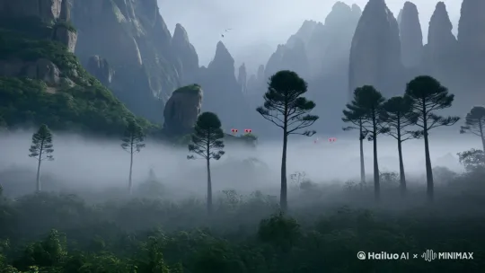 雾气大，能见度低，植被茂盛的山林，怪石嶙峋，奇松挺拔，远处有几双红色的眼睛隐隐约约透过雾气，诡异轻声的音乐，不时传来的咕咕叫声 by Hailuo AI Video Generator