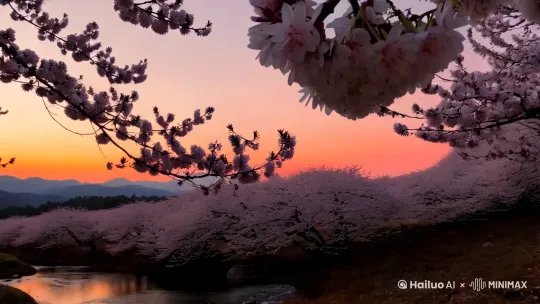 天边温柔的夕阳散发着柔软的橙红色的气息，山涧的梅花开满枝头，景色漫漫，人生漫漫。 by Hailuo AI Video Generator