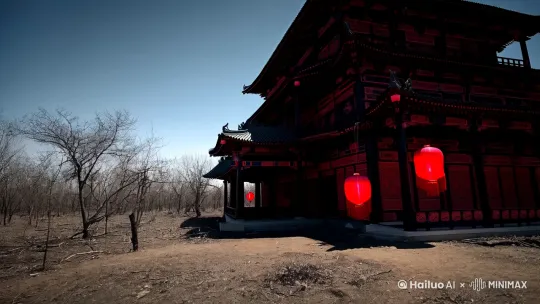 赤日下都显得阴森的张家古楼，通体漆黑，有暗红色装饰，古旧，门口挂着的大红灯笼鲜艳欲滴，传说有黑龙盘踞于此，阁楼奇高，四周空旷尽是阴影，附近阴森 by Hailuo AI Video Generator
