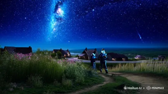 在宇宙星空的照耀下，一个村子在沉睡中，在村子的东边的一个伸向东方的大路边有个杂草丛生的小路伸向江边。二个身穿宇航服的人站在这二条路的交叉口。手里拿着一个通讯器 by Hailuo AI Video Generator