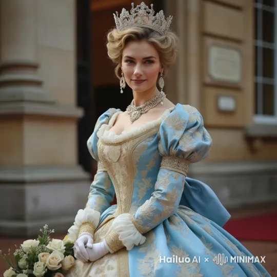 The princess smiled slightly,Eyes gazing at you,
This is a high-resolution photograph of a woman dressed in a lavish, ornate gown, seated on a red carpet in front of a grand, classical building. The woman is wearing a luxurious, light blue gown adorned with intricate gold embroidery and lace detailing. The bodice is fitted with a high waist and features puffed sleeves, while the skirt is full and voluminous, falling to the ground. Her gown is complemented by a large, elegant gold brooch at the neckline and a large golden bow at the back, adding to the regal appearance.

She is wearing white gloves and a matching white lace veil that frames her face. Her hair is styled in an elaborate, updo with soft curls, and she wears a sparkling, golden tiara that adds to her royal appearance. Around her neck is a stunning, multi-strand pearl necklace, and she has on matching earrings.

The background features the entrance of a large, ornate building with sandstone walls and large windows. The building's facade includes decorative stone carvings and a plaque mounted on the wall. The overall atmosphere suggests a formal event, possibly a royal occasion, with the woman's attire and setting indicating a high level of formality and elegance. by Hailuo AI Video Generator