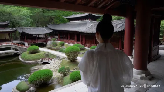 
展示一座融合苏式园林精髓的中式别墅，注重自然与建筑的和谐统一，强调“曲径通幽、移步换景”的效果。通过精心设计的院落景观、小桥流水水水、风雨连廊，飞檐翘角，等元素 by Hailuo AI Video Generator