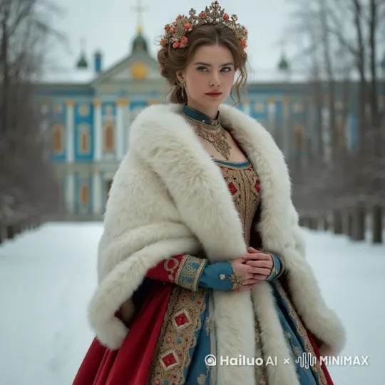 The princess smiled slightly,Eyes gazing at you,
This is a high-resolution photograph of a young woman standing in a snow-covered outdoor setting, likely a palace or grand estate. The woman is dressed in a lavish, ornate gown that features a rich red base with intricate gold embroidery and blue accents. Over her shoulders, she wears a luxurious white fur wrap, adding a touch of opulence and warmth. Her hair is styled in an elegant updo adorned with a golden crown that features red and blue gemstones, reflecting the colors of her dress. She has a regal, composed expression, with her lips slightly parted and eyes gazing directly at the camera.

The background showcases a grand, historical building with blue and white façades, featuring golden accents and a large, green dome with a golden cross atop it, indicating a religious or royal structure. The snow-covered ground extends into the distance, with bare trees lining the path, suggesting a cold, winter setting. The overall mood of the image is one of historical grandeur and timeless elegance, with the woman's attire and the architectural backdrop complementing each other harmoniously. The photograph captures a moment of refined beauty and historical significance. by Hailuo AI Video Generator