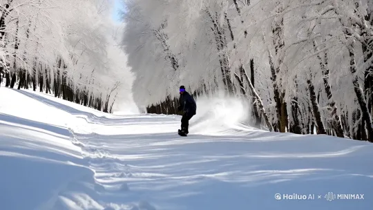 一名单板滑雪爱好者，穿着专业的滑雪装备，滑行在山间雪道上，雪道两侧的树挂满了洁白的雾凇，他的每一次刻滑都扬起雪道上洁白的白雪 by Hailuo AI Video Generator