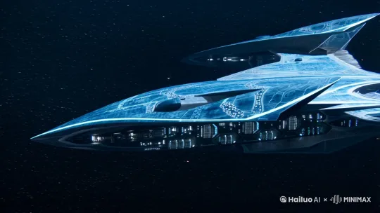 三体星舰是宇宙尺度的冰冷獠牙，舰体由黑曜石般的非晶态合金铸造，表面布满陨铁色的量子蚀刻纹路，如远古文明的密码锁链。流线型舰首撕裂真空时泛着幽蓝的曲率涟漪，尾翼伸展如超新星爆发的残骸，每道棱角都折射着绝对理性的锋芒。舰身密布蜂巢式引力护盾发生器，暗物质引擎在舰腹嗡鸣，吞吐的量子泡沫裹挟着时空褶皱的残响。它们悬浮时似黑洞般吞噬星光，加速时却化作银白色的概率云，在维度裂缝中留下蛛网状的轨迹。这些星舰不装载任何装饰性光源，唯有武器阵列间歇性闪烁的猩红色脉冲，像暴露在真空中凝固的血珠——那是反物质鱼雷的蓄能警示，亦是黑暗森林里猎手扣动扳机前的呼吸节拍。[左移,上升] by Hailuo AI Video Generator