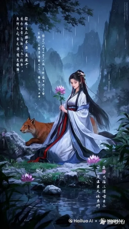 若有人兮山之阿，被薜荔兮带女萝。
既含睇兮又宜笑，子慕予兮善窈窕。
乘赤豹兮从文狸，辛夷车兮结桂旗。
被石兰兮带杜衡，折芳馨兮遗所思。
余处幽篁兮终不见天，路险难兮独后来。
表独立兮山之上，云容容兮而在下。
杳冥冥兮羌昼晦，东风飘兮神灵雨。
留灵修兮憺忘归，岁既晏兮孰华予。
采三秀兮于山间，石磊磊兮葛蔓蔓。
怨公子兮怅忘归，君思我兮不得闲。
山中人兮芳杜若，饮石泉兮荫松柏，君思我兮然疑作。
雷填填兮雨冥冥，猨啾啾兮狖夜鸣。
风飒飒兮木萧萧，思公子兮徒离忧。
 入山接迎神灵而不遇的情状，来表现世人虔诚迎神以求福佑的思恋之情。
 by Hailuo AI Video Generator