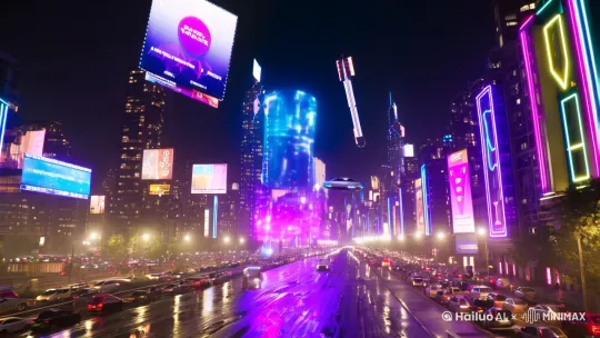 未来城市夜晚，霓虹广告牌悬浮空中，全息投影的巨型AI虚拟人像俯瞰街道，飞行汽车穿梭，雨夜中反射着紫色与蓝色的光。”  
- **视频特点**：  
  高对比度色彩 + 动态光影 + 科技感音效，适合科幻短片开场 by Hailuo AI Video Generator