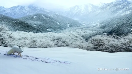 **画面: 皑皑白雪覆盖山林,一只通体雪白的白狐轻盈地穿梭其中,身后留下一串梅花般的脚印,向着镜头的方向走来,大长尾在身后摇摆着
之后白狐停在一棵含苞待放的梅花树下,抬头望向镜头,眼神灵动
树枝上的积雪因为融化,有些滑落到地面
by Hailuo AI Video Generator