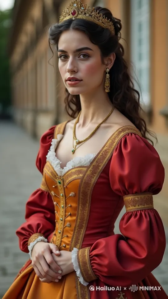 创意描述
The princess smiled slightly,Eyes gazing at you,
The image is a highly detailed, realistic photograph of a young woman dressed in a regal, historical costume. She is standing outdoors on a cobblestone path in front of a large, ornate building with a light tan exterior. The building has a classical architectural style with tall, rectangular windows and a symmetrical design. The woman is wearing an elaborate, golden crown adorned with red and blue gemstones, which adds a touch of opulence to her appearance.
Her dress is a rich, deep red with golden accents, featuring puffed sleeves and a fitted bodice adorned with intricate gold embroidery. The bodice is also embellished with rows of gold buttons and green gemstones, adding a touch of sparkle. The dress has a high neckline and a white lace trim at the neckline and cuffs. She accessorizes with a gold necklace and matching earrings, both adorned with intricate designs.
Her dark brown hair is styled in loose, voluminous curls that cascade over her shoulders. Her makeup is subtle, with a soft pink blush and light eye makeup, enhancing her natural beauty. The overall scene is rich in historical detail and elegance, capturing a moment of timeless grace and sophistication. by Hailuo AI Video Generator