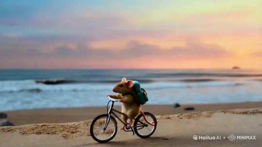 老鼠背包骑单车旅行在海边 by Hailuo AI Video Generator
