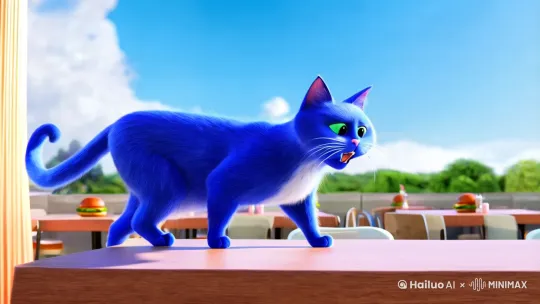 蓝色的猫偷吃汉堡[右移,左摇,跟随] by Hailuo AI Video Generator
