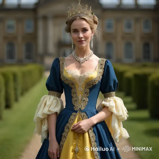 
创意描述

The princess smiled slightly,Eyes gazing at you, 
This is a high-resolution photograph depicting a young woman standing in a formal, elegant setting. She is dressed in a lavish, historical-style gown that combines elements of Baroque and Rococo fashion. The dress is predominantly dark blue with gold embroidery along the neckline and hemline, creating a rich, ornate appearance. The bodice is fitted, while the skirt is full and voluminous, falling gracefully to the ground. The sleeves are puffed, with the upper arms covered in cream fabric that matches the under-sleeves and cuffs, which are also trimmed in gold lace.

The woman has light skin and blonde hair styled in an elaborate updo, adorned with a golden crown that matches the crown on her head. She wears a sparkling necklace and earrings, adding to her regal appearance. Her expression is serene and composed, with a slight smile.

In the background, there is a grand, classical building with a symmetrical design, likely a palace or mansion. The building is made of light-colored stone, with tall, arched windows and a central entrance flanked by columns. The grounds are meticulously manicured, with trimmed hedges and lush greenery, creating a formal garden setting. The overall ambiance is one of opulence and historical grandeur. by Hailuo AI Video Generator