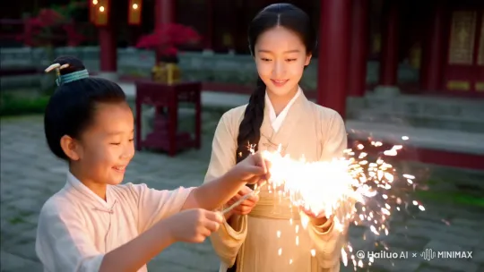 两个小孩子放鞭炮，年轻的妈妈站在旁边看着，背景有四合院，现实场景，真实感 by Hailuo AI Video Generator