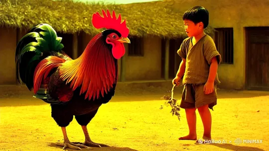 7 秒画面，中心构图。阳光明媚的农家小院里（环境），一只威风的公鸡（主体），冠子通红，羽毛油亮，正对着一个小男孩怒目而视。第 1 - 2 秒，公鸡低头，全身羽毛炸开，蹬着爪子向小男孩快速冲去（运动），画面紧张（氛围），画面为暖黄色调（色彩风格），风格偏向写实（风格化）。小男孩穿着粗布短衣（角色服装），毫不畏惧，挥舞着手中的小树枝（陪体）。第 3 - 4 秒，公鸡冲到小男孩跟前，用力扑腾翅膀，用尖嘴去啄小男孩，小男孩灵活地左躲右闪（运动），镜头微微上移（运镜），中景（景别）。第 5-7 秒，小男孩瞅准时机，用树枝轻轻戳公鸡的脑袋，公鸡受惊吓，向后跳开一步（运动），此时使用快速推近的运镜，给到公鸡特写（运镜、景别），展现公鸡慌乱的眼神，画面到此戛然而止。（镜头语言：推近） by Hailuo AI Video Generator