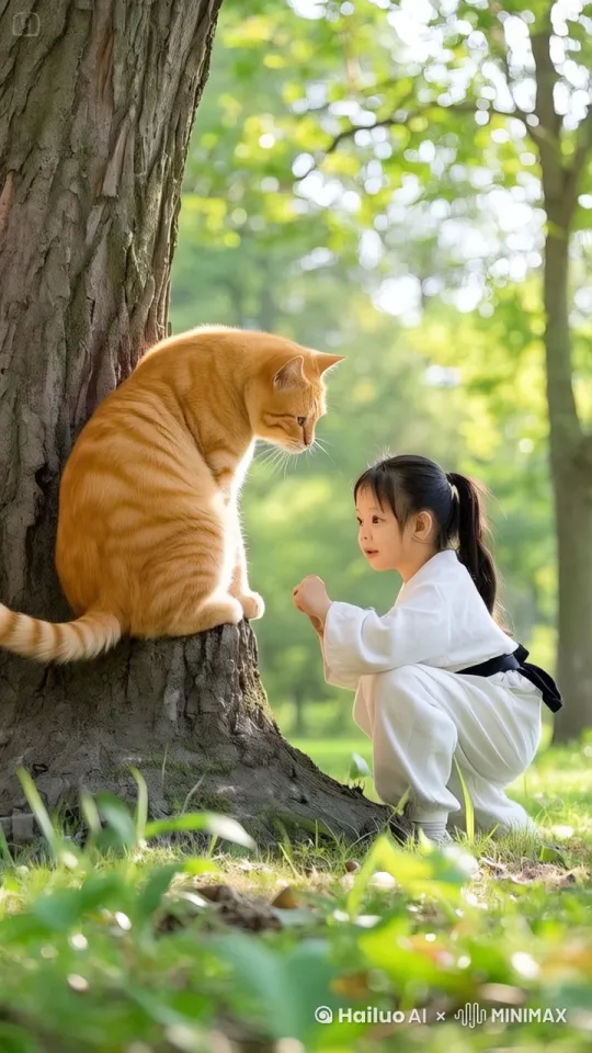 动态跟随，史诗般的激烈打斗场面。胖橘猫和小女孩斗在一起，胖橘猫腾空而起飞到空中用猫爪连续快速猛踢对面小女孩，同时对方小女孩也腾空而起使出中国功夫连续快速攻击对方，相互猛烈打斗，快速动作电影的荣耀，生死搏斗，五倍速。 by Hailuo AI Video Generator