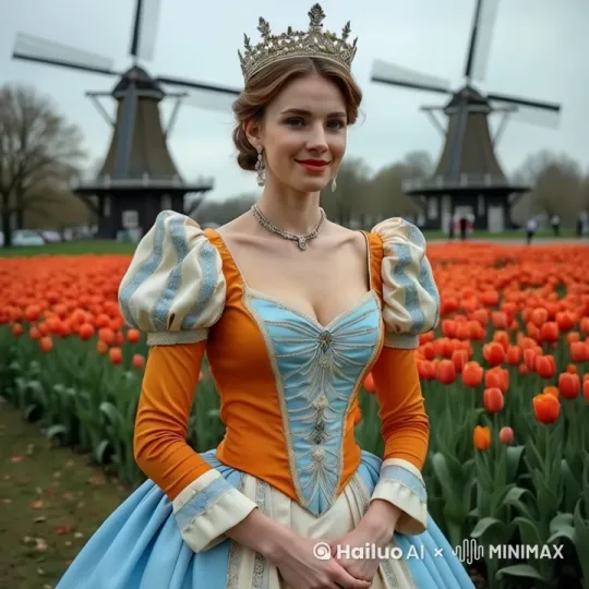 创意描述

The princess smiled slightly,Eyes gazing at you, 
This photograph captures a young woman standing in a vibrant, colorful tulip field. She is dressed in an elaborate, historical-style gown with a bright orange bodice and a light blue skirt adorned with intricate gold embroidery. The bodice features puffed sleeves with white trim and a plunging neckline. She wears a golden tiara with intricate detailing, and her hair is styled in a classic updo. Her makeup is elegant, with a subtle red lipstick and soft eye makeup.

The background showcases two large, traditional Dutch windmills with black and white striped sails, set against a cloudy, overcast sky. The windmills are positioned symmetrically on either side of the woman, with a small black building in the foreground between them. The field is filled with thousands of tulips in various shades of orange, creating a vivid contrast with the muted tones of the sky and the woman's attire. The ground is a mix of green grass and scattered fallen leaves, indicating an autumn setting. The overall atmosphere is serene and picturesque, blending historical elegance with natural beauty. by Hailuo AI Video Generator