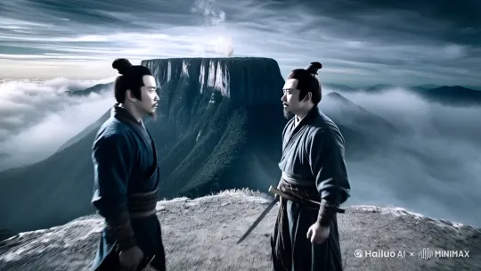 12 秒画面，对称构图。云雾缭绕的华山之巅（环境），狂风呼啸，气氛紧张（氛围），整体色彩偏冷灰色调（色彩风格），风格为复古武侠风（风格化）。两位身着古装的大侠（主体），衣袂飘飘，各持宝剑（陪体）对峙。
第 1 - 3 秒，镜头从远拉近（运镜），全景展示华山全貌及对峙的大侠（景别），大侠目光对视，眼神坚定，剑气环绕（动态互动），慢速率（速率），给人蓄势待发之感。
第 4 - 6 秒，一位大侠率先出招，剑如闪电刺向对方（运动），另一位侧身闪避，同时挥剑回击（运动），中景（景别），快速的动作与剑影交错（动态互动），正常速率（速率），镜头跟随动作平移（运镜）。
第 7 - 9 秒，两人剑招纷飞，激烈交锋（运动），火花四溅（动态互动），特写两人手部动作与宝剑碰撞瞬间（景别），加快速率（速率），镜头环绕旋转拍摄（运镜），增强紧张感。
第 10 - 12 秒，其中一位大侠施出绝招，剑光大盛（光影），对方全力抵挡（运动），以两人僵持的中景画面（景别）结束，渐隐效果（运镜）。 by Hailuo AI Video Generator