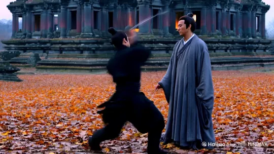 深秋黄昏，古寺残垣，满地枯叶随风卷动。两名武者对峙，一人身着黑衣，手持短刀，身形如豹；另一人身穿灰袍，赤手空拳，气息沉稳如山。

黑衣刀客率先发难，短刀寒光一闪，刀锋斜劈灰袍人左肩，刀刃破空声尖锐如哨。灰袍人足尖轻点，身形骤退半步，刀锋贴衣而过，削下一片布角。未等对方收势，他右掌如铁锤般砸向刀客手腕，掌风裹挟枯叶，竟在刀身上震出一串嗡鸣。

刀客冷笑，刀势陡变，刀刃回旋如电，直取灰袍人咽喉。灰袍人却似早有预料，脖颈后仰，刀尖擦过下颌的瞬间，左膝猛顶对方腰眼。刀客闷哼一声，借势旋身腾空，刀光化作三道残影，分袭灰袍人眉心、心口、丹田——竟是西域“三叠浪”杀招！

灰袍人双目微眯，忽地沉腰坐马，双掌交错划弧，掌影如织成网。枯叶随他掌风凝成漩涡，竟将刀光尽数搅碎。刀客瞳孔一缩，正欲变招，灰袍人却如鬼魅欺近，右掌五指成钩，如蛇般缠上对方手腕，一拧一拽，短刀脱手飞旋，深深钉入三丈外的古槐树干。

刀客暴退数步，左手按住酸麻右腕，却见灰袍人并未追击，只是负手而立，足下落叶堆竟被内力压出三尺圆痕。残阳如血，刀客喉结滚动，终于抱拳嘶声道：“承让。”转身跃上断墙，几个起落便消失在暮色中，唯余那柄短刀在树影间微微颤动，刀柄红绸如一抹未干的血痕 by Hailuo AI Video Generator