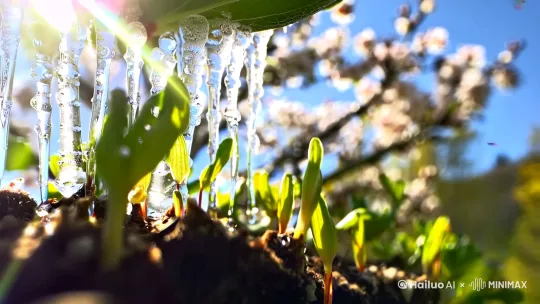 4k，高画质，微观镜头，嫩芽破土而出的慢动作，水滴从冰锥滴落，阳光透过露珠折射出彩虹，背景虚化的梅花枝，淡黄与淡绿色调[推进] by Hailuo AI Video Generator