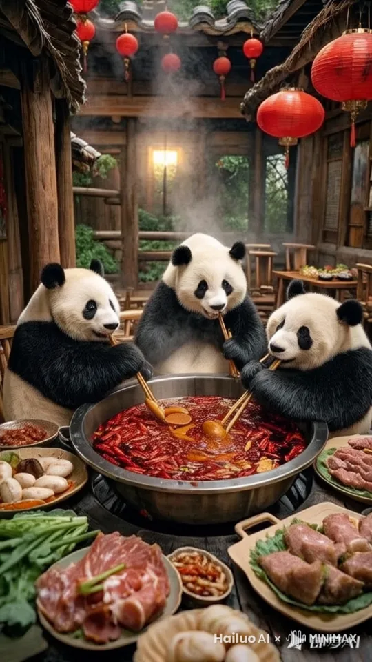 在一间充满中式风格的房间里，三只圆滚滚的熊猫正围坐在一个冒着滚滚热气、香气四溢的火锅旁。火锅里煮着鲜嫩的竹笋、水灵的白菜、滑溜的木耳等丰富食材，汤汁咕嘟咕嘟地翻滚着，散发出诱人的香味。
 
三只熊猫起初吃得津津有味，大快朵颐。但突然，为了抢夺一块特别诱人的竹笋，它们之间的气氛变得紧张起来。
 
一只熊猫伸出胖乎乎的爪子，试图快速夹走竹笋，另一只熊猫则紧紧抓住它的爪子不放，还有一只熊猫趁机从另一边夹走了那块竹笋，引发了一场激烈的争抢。
 
它们的身体相互推搡，毛茸茸的身躯扭动着，表情既焦急又生气，嘴里还发出不满的哼哼声。
 
整个场景热闹非凡，火锅的热气弥漫在空气中，墙上的灯光投射出温暖的光影。
 
专业的构图，达芬奇大师级调色。 by Hailuo AI Video Generator