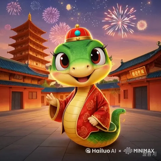 小蛇给您拜年了，祝各位亲朋好友新年快乐，万事大吉一帆风顺 by Hailuo AI Video Generator