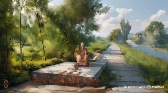 创建一个5秒的视频，镜头位置不变，一个宁静的乡村小路，清晨的阳光在树叶间跳跃，微风轻拂过树叶，草叶轻轻摇曳。太阳在移动，地面静止，镜头静止，视觉不变 by Hailuo AI Video Generator