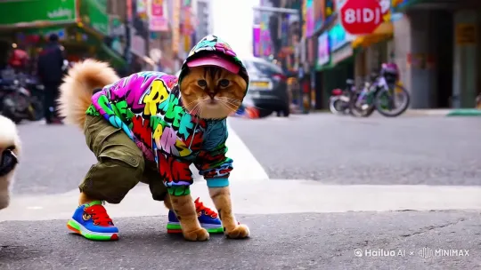 写实风格，全景、全身，一只雌性美短猫，嘻哈街头主题个性风格服装，上装是宽松的涂鸦卫衣，下装是宽松的工装裤，配饰是棒球帽，鞋是彩色板鞋，在街上与一只白色毛发的哈巴狗在街上嬉戏，打闹。动作流畅丝滑，8K高清，电影质感。 by Hailuo AI Video Generator