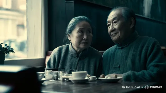 一对中国[右移,左摇,跟随]老年夫妇坐在咖啡馆里，老太抬头陷入沉思，老头凝视对面的妻子，镜头缓缓移动，拍到了窗外的街道。画面色调昏暗，色彩饱和度低，氛围阴郁。 by Hailuo AI Video Generator