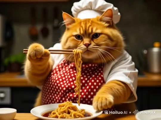 橘猫问了下面条后放进嘴里咀嚼  露出满意的表情 by Hailuo AI Video Generator
