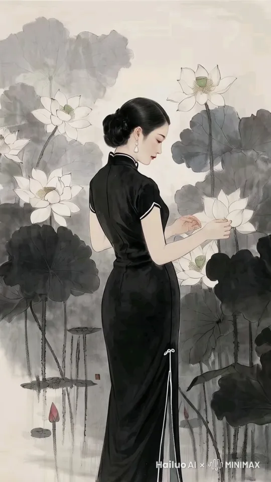 荷花轻轻摇曳。女子轻扭腰 by Hailuo AI Video Generator