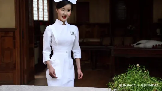中国美女护士身材凹凸有致，皮肤白皙细嫩，走过来坐下，然后对着镜头说话，表情甜美 by Hailuo AI Video Generator